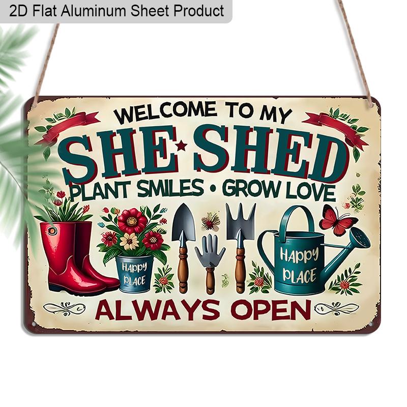 

2D Flat 1pc 12 x8 Retro She Shed Aluminium Wall Art with WELCOME TO MY SHE SHED Quote - Vintage Garden Decor, Floral Gardening Tools Design 20*30cm