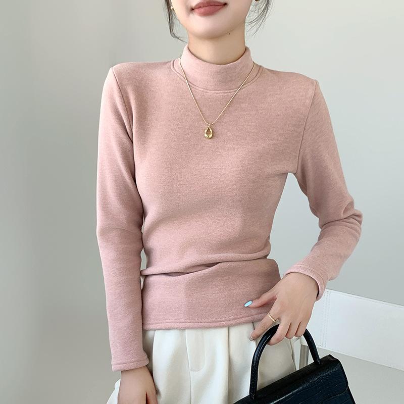 Turtleneck Pullover for Women In Autumn and Winter Fitted Top Thick and Warm Long-sleeved Top with Added Fleece