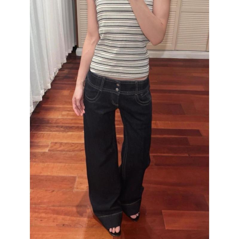 

Американские Ретро Джинсы с Низкой Посадкой и Широкими Штанинами Женские Летние Осенние Свободные Драпирующиеся Удлиненной Длины Горячие Девушки Широкие Штаны XXXL темно-синий