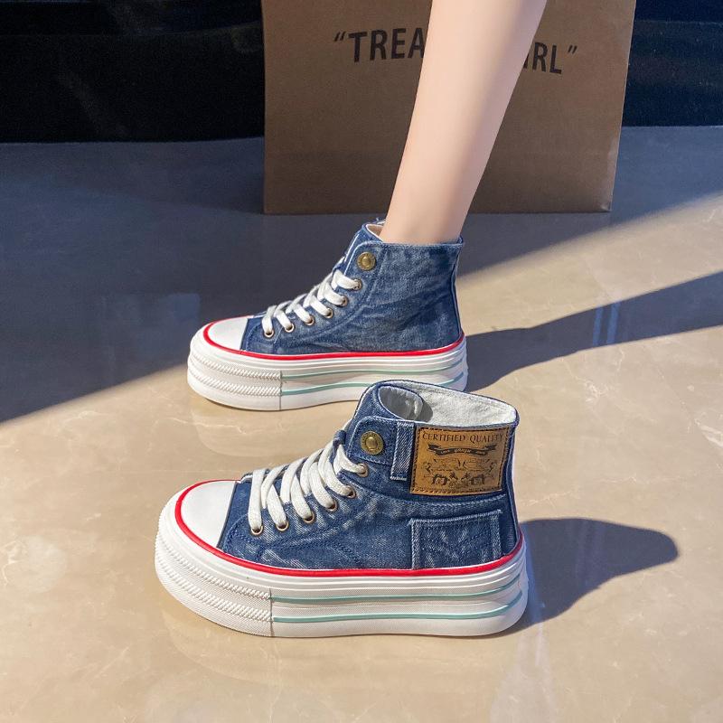 2025 Autumn Women's High-top Thick-soled denim Canvas Shoes Breathable Platform sneakers Student All-match Chunky Casual Shoes