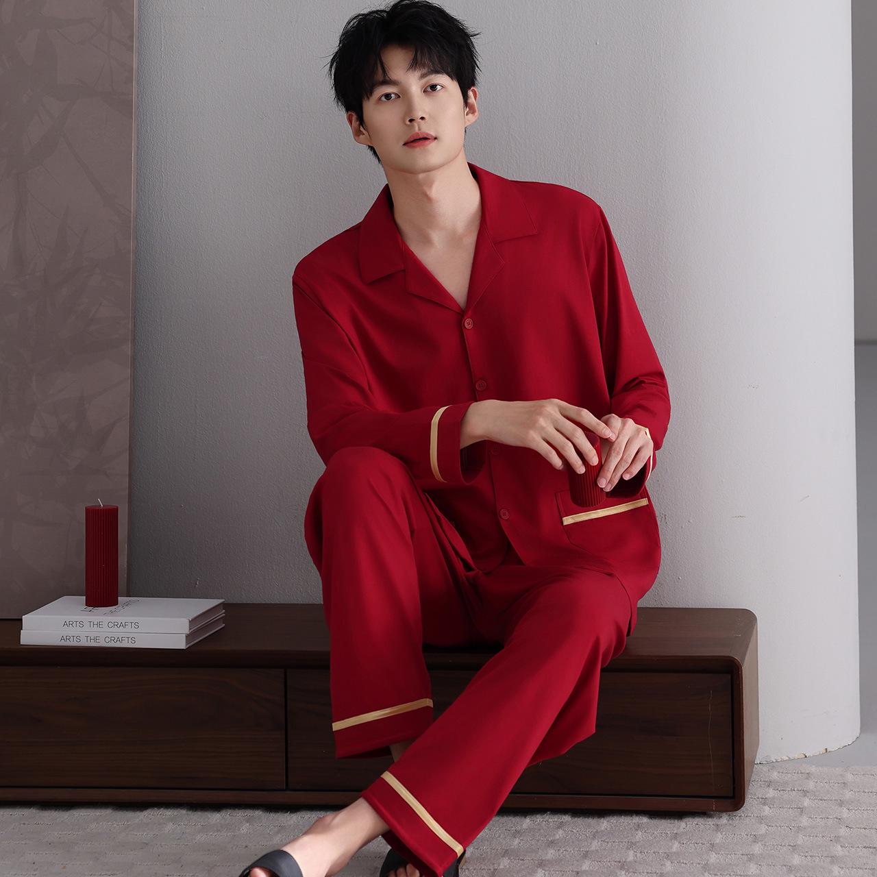 

Men s Red Cotton Pajama Set - Long Sleeve, Long Pants, Casual Homewear for Autumn/Spring. Suitable for Outdoor Wear. XXL (fits height 175-180 cm, weight 160-180 kg)
