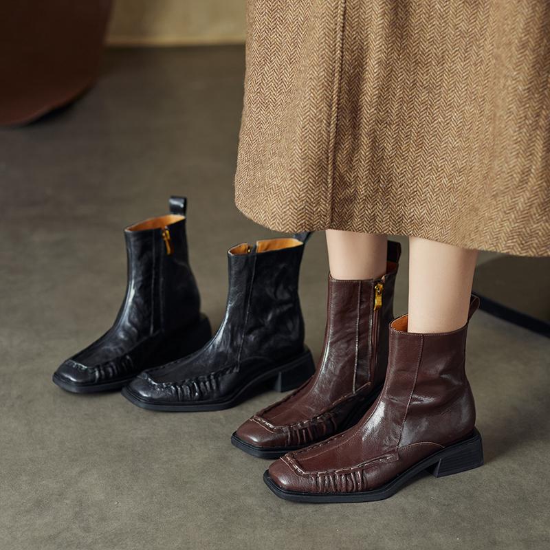 Fashion 2024 Autumn Women Boots Square Toe Chunky Heels Women Shoes Winter Ankle Boots Chelsea Genuine Leather Pleated Modern Boots