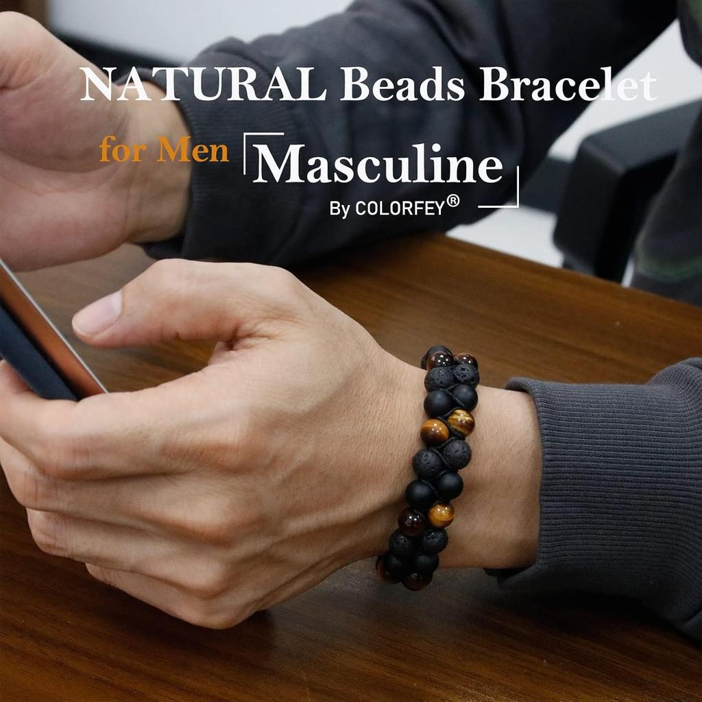 Triple Protection Bracelet for Men Women, Genuine Premium Tiger Eye Black Onyx and Lava Rock 8mm Handmade Bead Bracelet Healing Crystal Protection