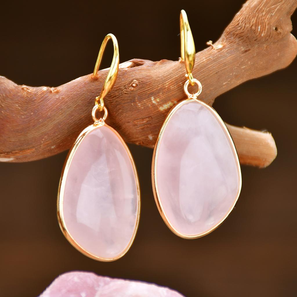 Bohemian Natural Stone Rose Quartz Amazonite Dangle Earrings Women's Trendy Exquisite Summer Holiday Handmade Zircon
