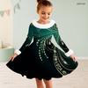 Girls Long Sleeve Black Gold Silver Printed Furry Neck Cuffs A Line Flared Dress