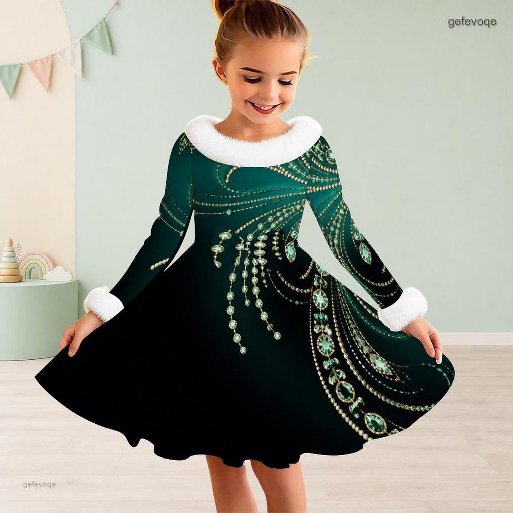Girls Long Sleeve Black Gold Silver Printed Furry Neck Cuffs A Line Flared Dress