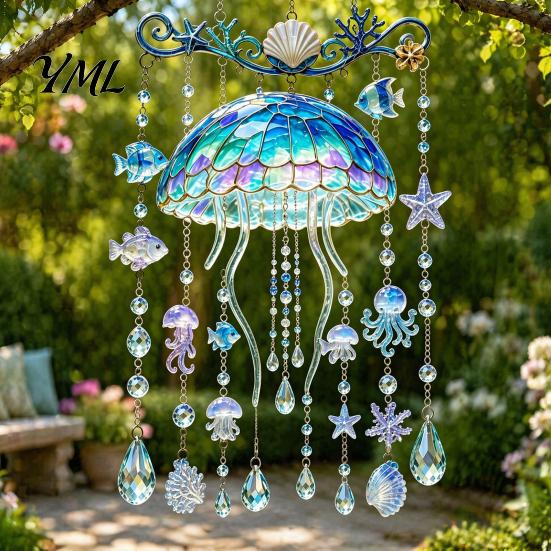Window Hanging Crystal Pendant Ocean-Themed Wind Chime, Stained Acrylic Jellyfish Seahorse Pufferfish Suncatcher Glass Style with Prism Drops, Coastal