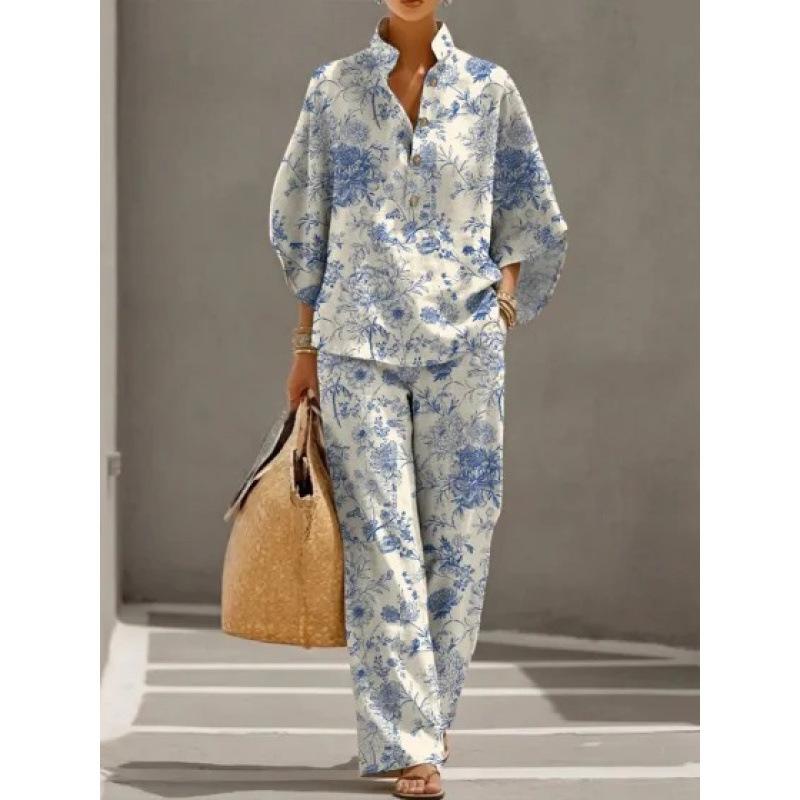 European and American Vintage Heavy Industry Floral Print Two-piece Set: Stand-collar Polo Shirt + Wide-leg Pants Loose Casual Vacation Set