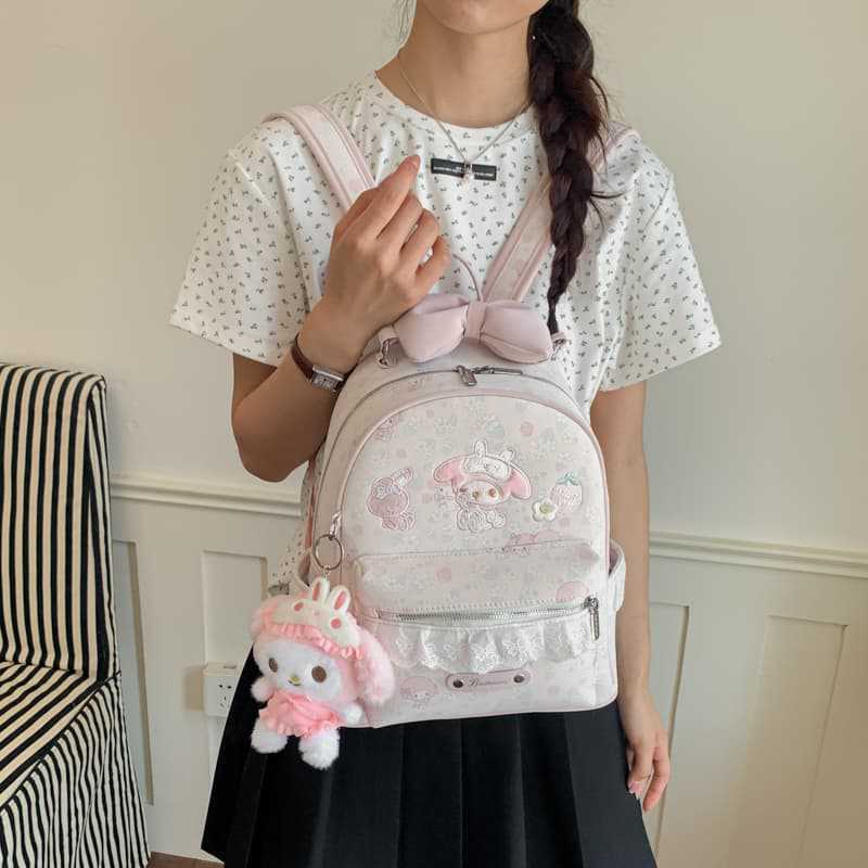 Schoolbag Sweet Strawberry Melody Embroidered Backpack Female Japanese Soft Girl Lolita Lace Edge Bow Student School Bag