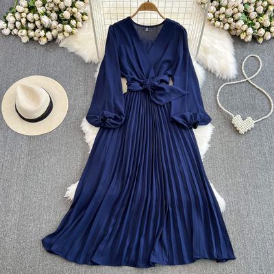 Women's Lantern Long Sleeved V-neck Loose A-line Pleated Elegant Dress Vestidos Korean Spring Autumn Dresses