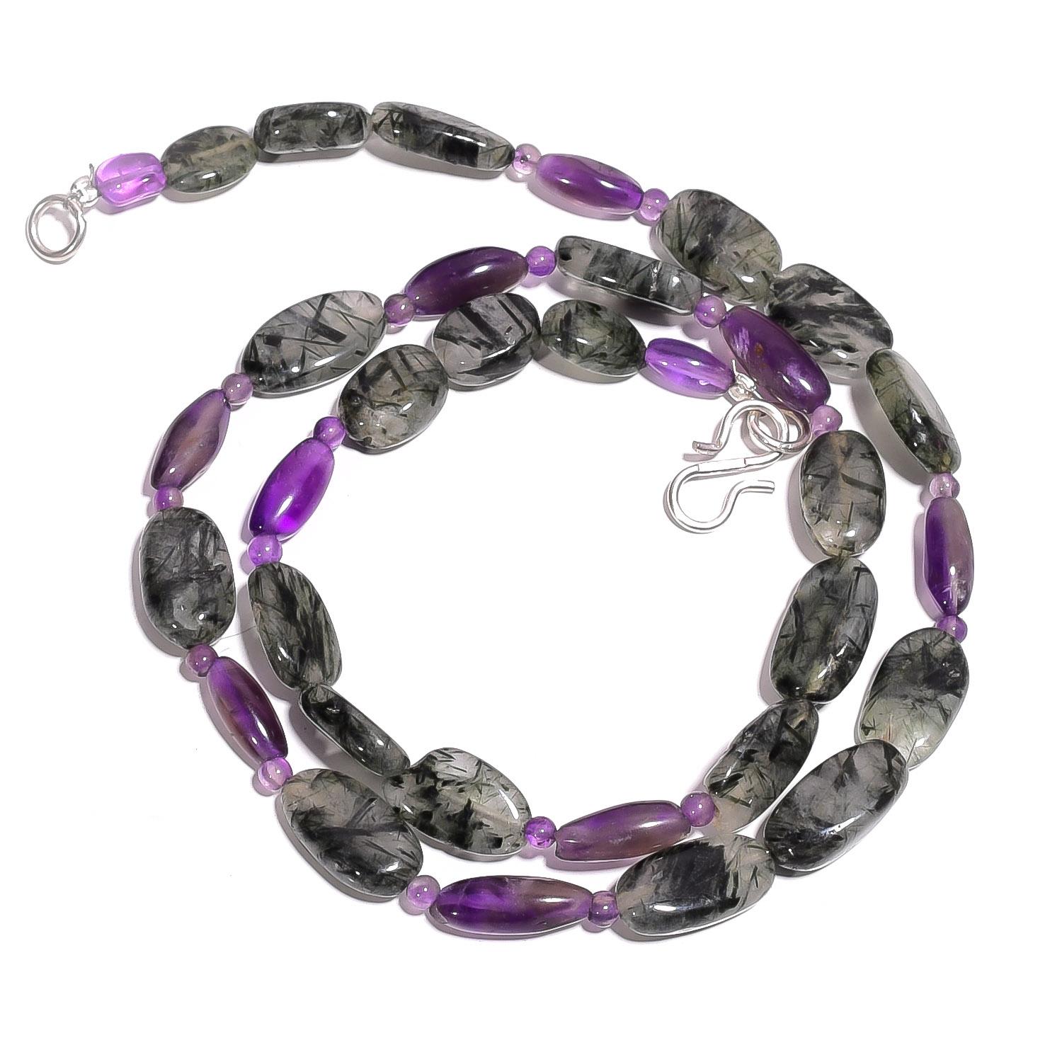 

Natural Black Rutile Amethyst Gemstone Mix Smooth Beads Necklace 17 UB-4014 UB-4014