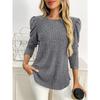 Women Solid Crew Neck Puff Sleeve Long Sleeve Brushed Striped T Shirt Top