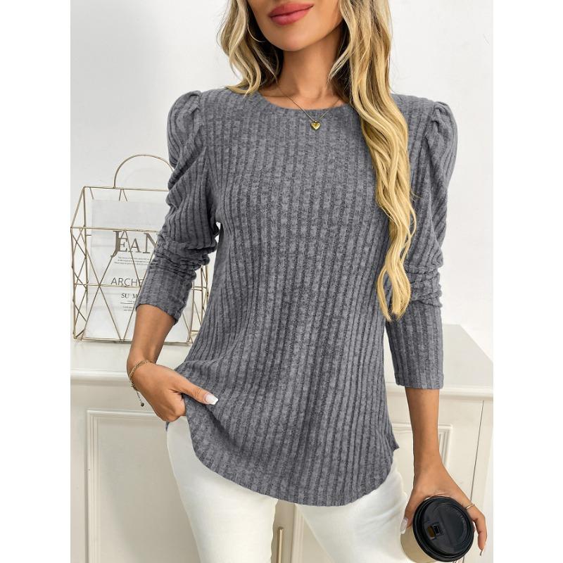 Women Solid Crew Neck Puff Sleeve Long Sleeve Brushed Striped T Shirt Top