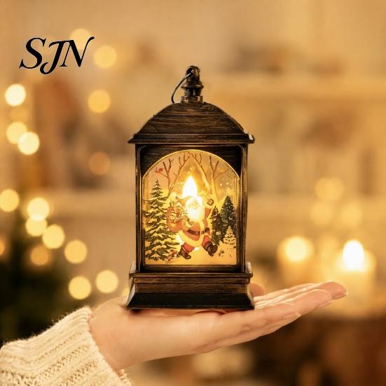 Exquisite Gift for Friends Vintage Christmas Lantern Night Light, Rectangular Glowing Tabletop Decor Warm Atmosphere Light Mantel Party, Flameless LED