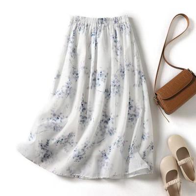 2026 Spring/Summer Women's Floral Double-Layered Midi Skirt with Elastic Waist & Wide Hem - Artistic & Versatile