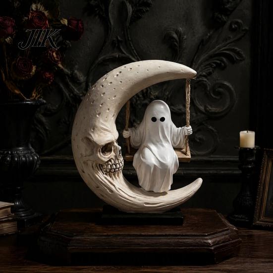 Personalized Birthday Present Halloween Ghost Swing Figurine, Spooky On A Moon Statue, Niche Home Accents Resin Gothic Decoration for Desktop, Mantel,
