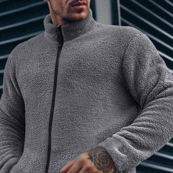 Winter Thickened Plush Jacket Men Stand Collar Long Sleeve Solid Color Coat with Pockets Zipper Closure Outwear