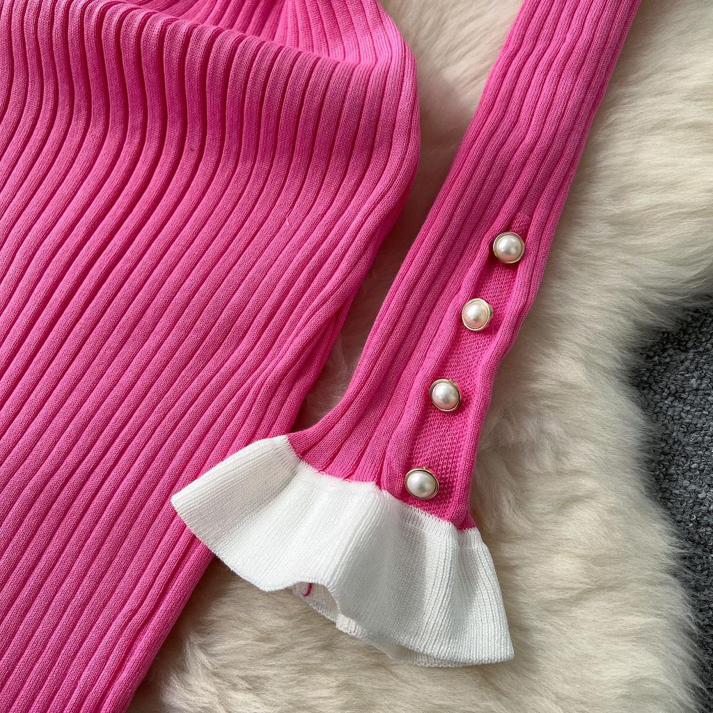 Knitted Dress Women's Autumn and Winter French Retro Color Collision Doll Collar Single-breasted Waist Slim Fishtail Long Dress