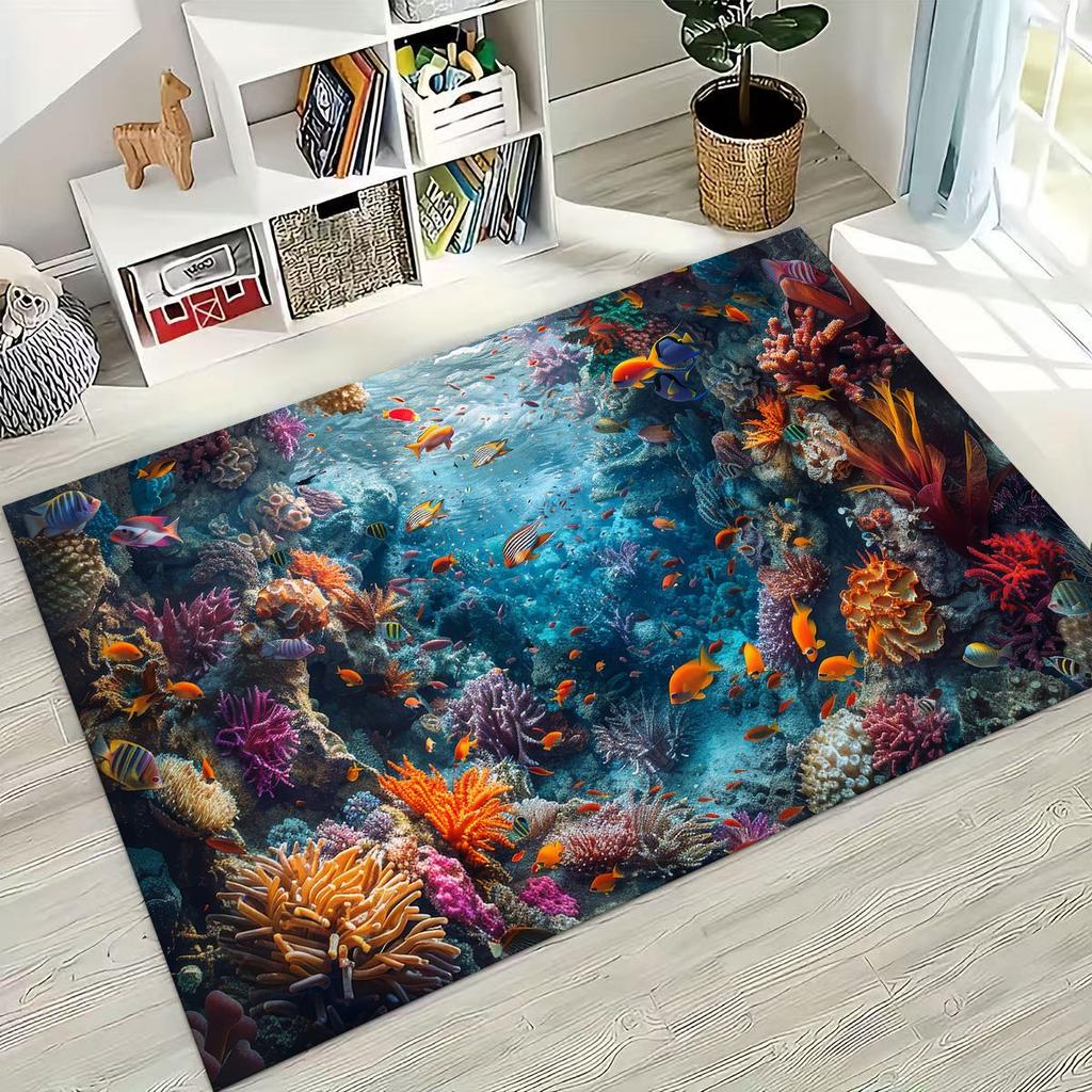 2026 New Underwater World Sea Dolphin Turtle Coral Rug for Bedroom Living Room Sofa Home Doormat Decor,Kids Non-slip Floor Mat