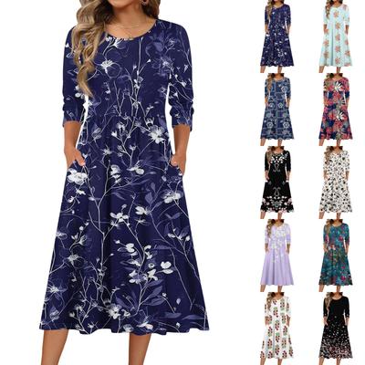3/4 Sleeve Women's Dress Casual Flowy A-Line Midi Tshirt Dresses With Pockets Crewneck Vocation Boho Beach Sundress