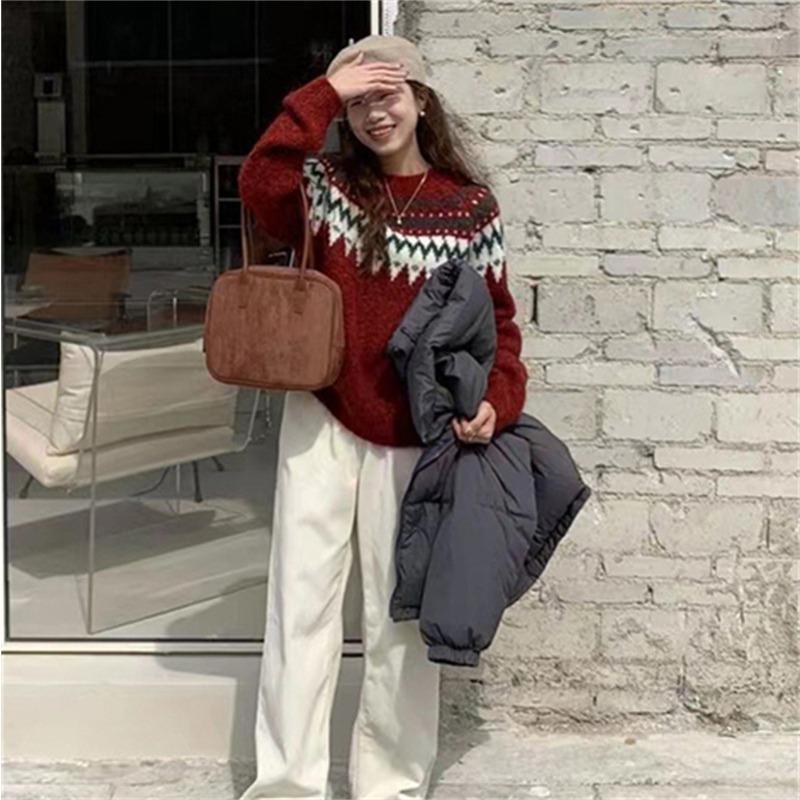 Gentle wind pullover sweater women's loose autumn and winter wear autumn and winter new retro knitted crew neck top