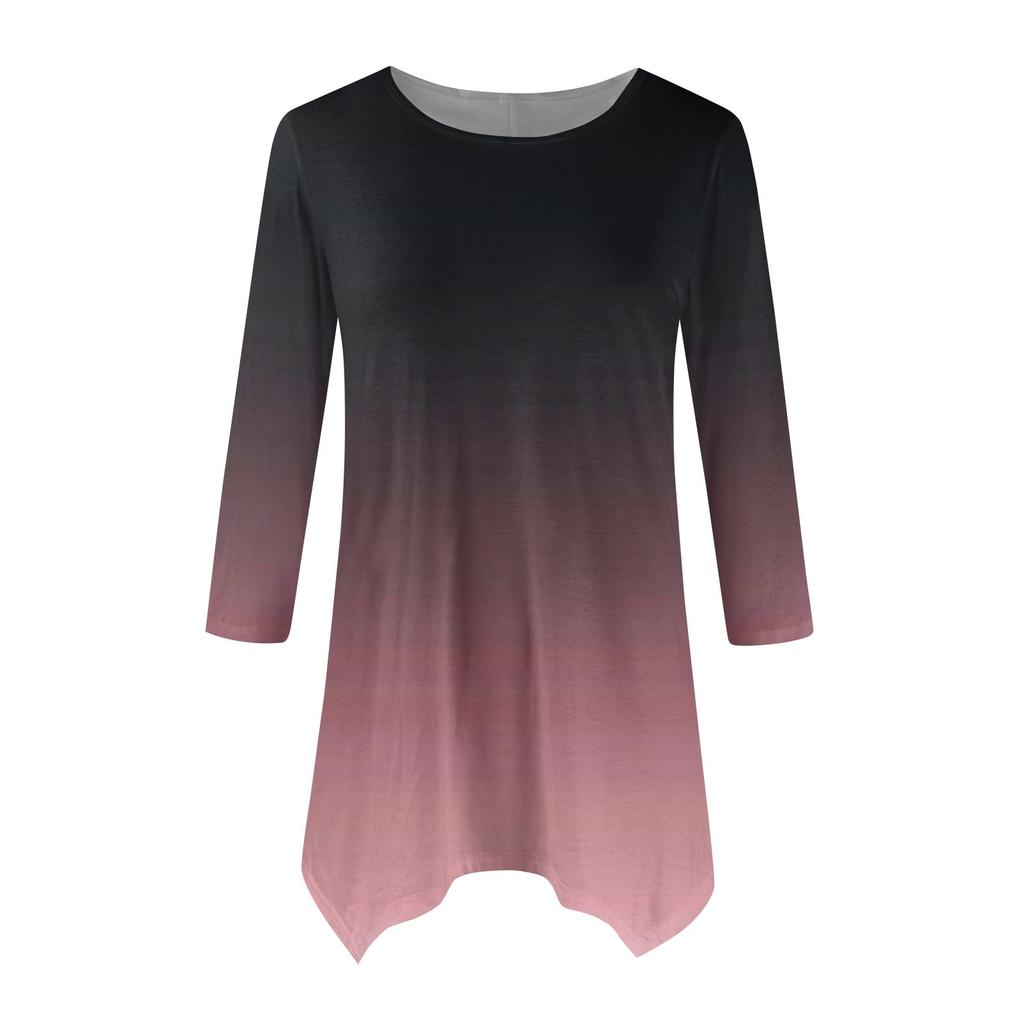 Women's Fashion Casual Crew-neck Gradual Print Seven-point Sleeve Shirt Belted Loose Comfortable Top