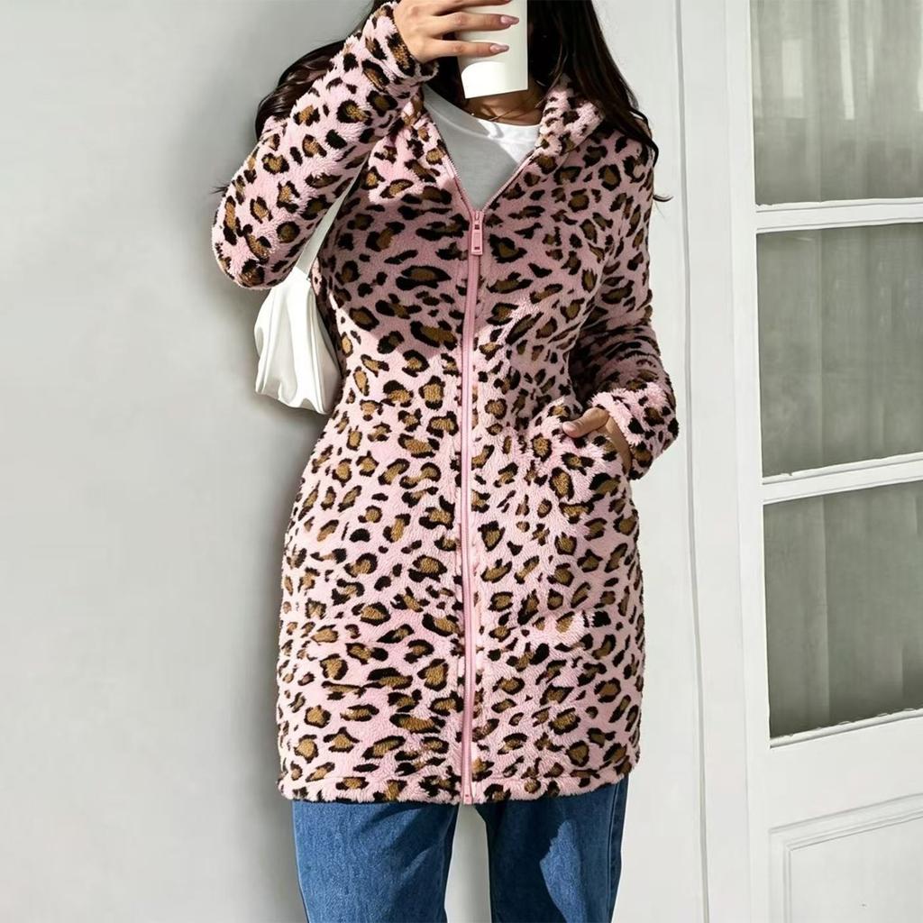 Women's Leopard Print Hooded Long Coat Casual Winter Outerwear for Everyday Wear