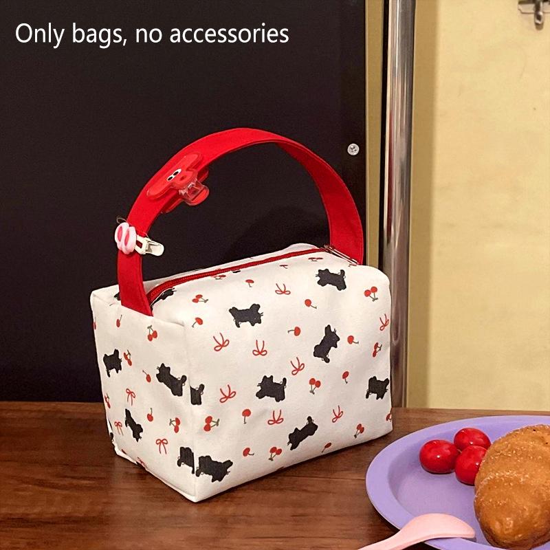 Cute Black Cat Cherry Bow Print Handheld Cosmetic Bag High Capacity Travel Portable Sundries Storage Bag Fashion Makeup Bag Gift
