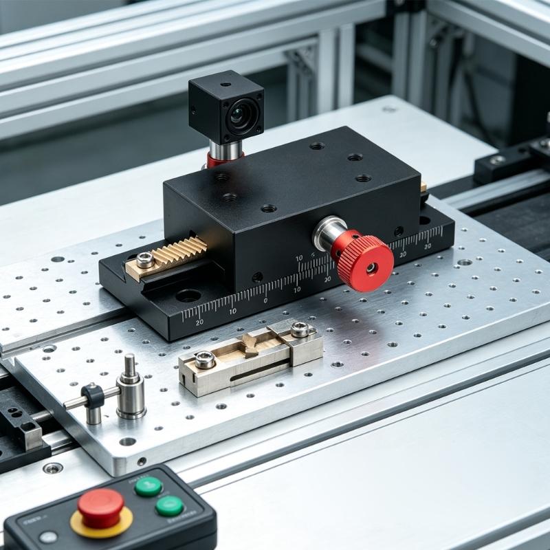 Translation Stage with Manual Adjustment Knob, Rack Control, and Threaded Mounting Holes for Mounted Equipment Position Changes and Alignment Work