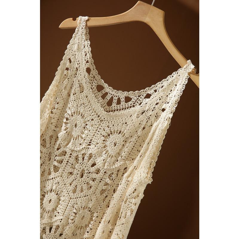 DIMANAF 2024 New Dress Women Knitting Lace Long Hollow Out Sexy Vest O-Neck Hollow Summer Style Tops Tees Loose Basic Black