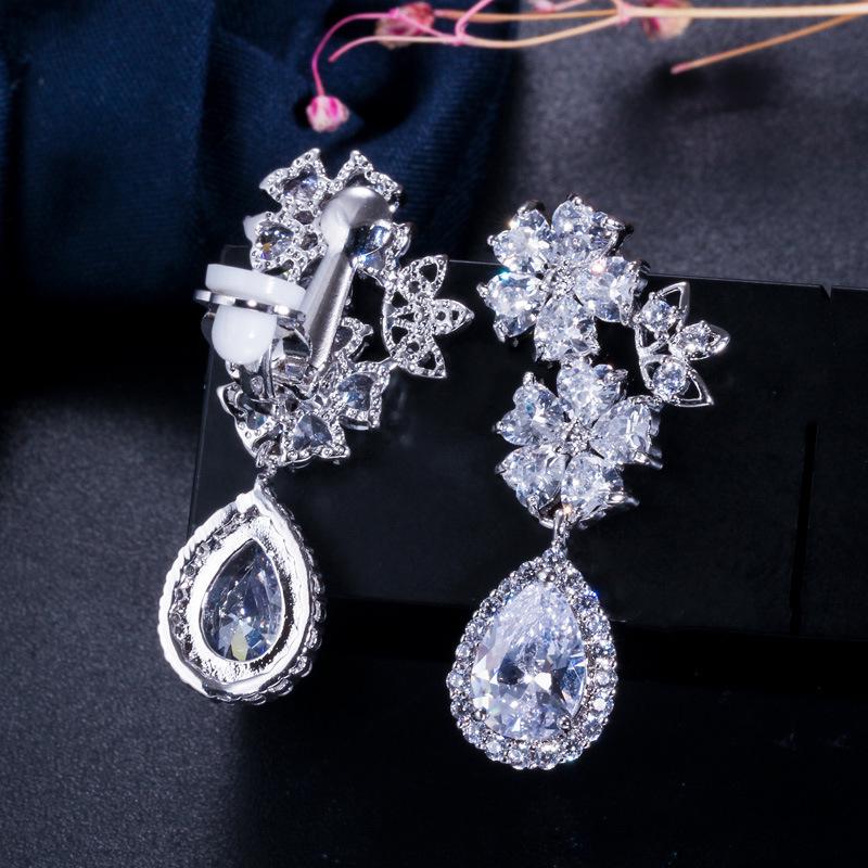 Ej0108 Flower Water Drop Earrings Shine 3A Zircon Ear Clips Bridal Banquet Dress Accessories