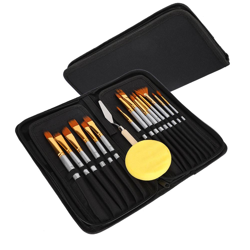 17Pcs Painting Brush Set Acrylic Professional Silver Round Rod Nylon Wool Art
