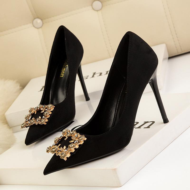 Fashion sweet high heels women's shoes thin heels high heels shallow mouth pointed rhinestone square buckle suede shoes