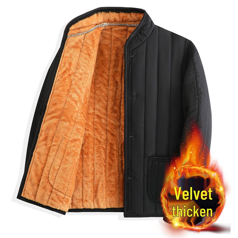 Winter Cotton-Padded Jacket with Fleece and Wool Lining for Middle-Aged and Elderly Men - Stand-Up Collar, Home Wear