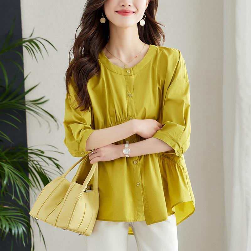 New Summer Pure Cotton Shirt Asymmetric Commuter Pleated White Shirt Women's Quarter-sleeved Top