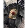 Vintage Washed T-shirt with Retro Rose Print,Unisex Streetwear Fashion Tees Casual Shirt Basic Round Neck Tops