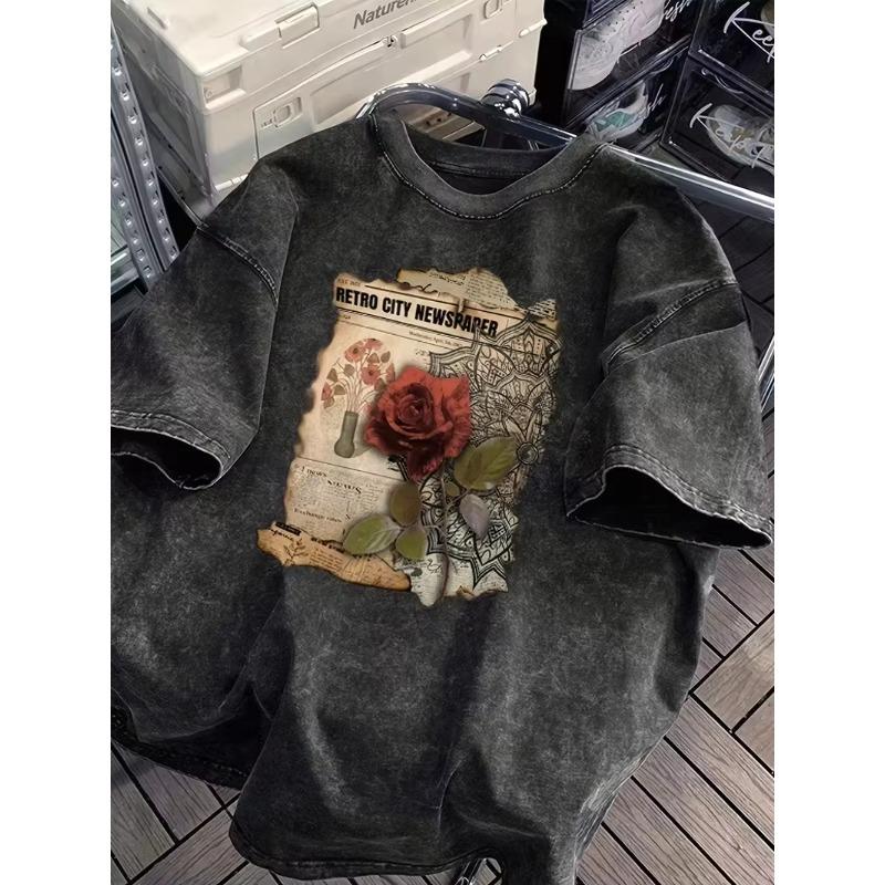 Vintage Washed T-shirt with Retro Rose Print,Unisex Streetwear Fashion Tees Casual Shirt Basic Round Neck Tops