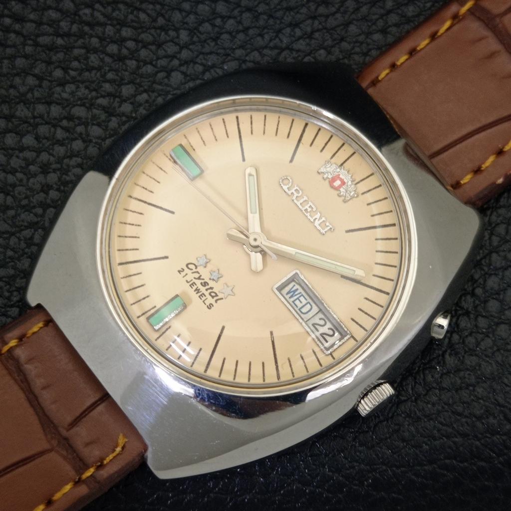 JAPAN VINTAGE ORIENT CRYSTAL AUTOMATIC 46943 MENS CREAM DIAL WATCH A703411-1 R213c-a703411
