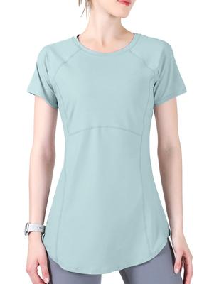 Ranmy Stage Kurzarm Yoga mit Schlankmachendem Längeren Perfekt für Sport und Fitnessstudio Blau Größe L Damen T-Shirt Silhouette, Schnelltrocknend, Leicht,