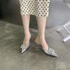 French High Heeled Design Bag Head Half Slippers Square Buckle Rhinestone Outer Wear Pointed Thin Heel Spring And Summer Half Support Single Shoes