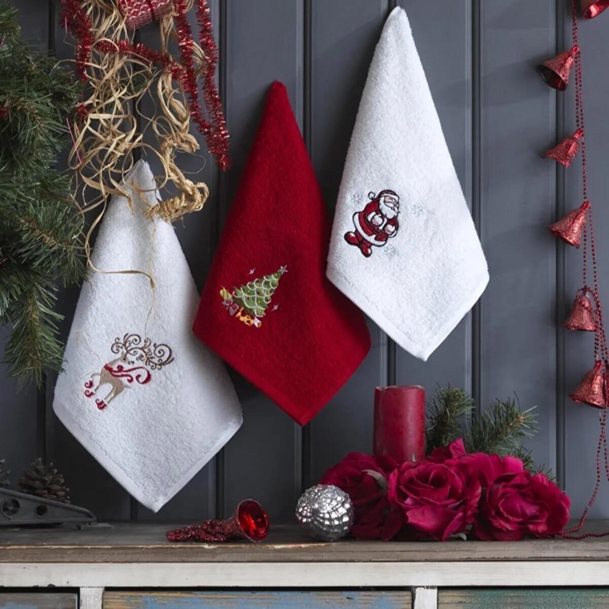 

Різдво (Різдво), Рушники для рук і обличчя, набір з 3 предметів, кухня та ванна кімната, чиста бавовна, добре поглинаючі, вишиті 30x50(см) 30x50 білий/червоний