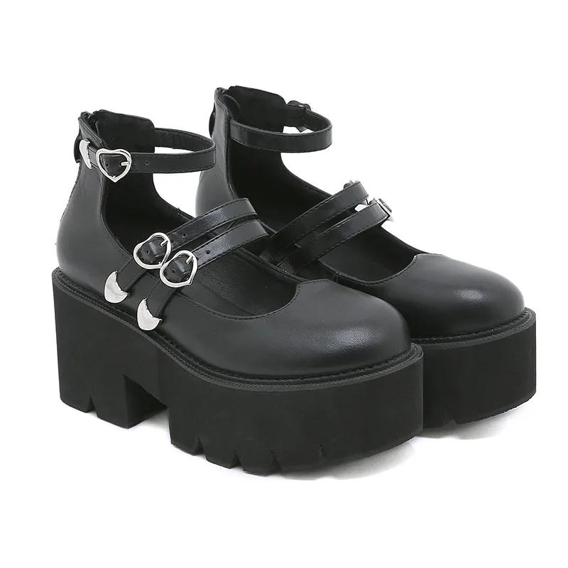 Schwarze Blockabsatz Mary Janes Schuhe Plateau Knöchelriemen Partykleid Veganes Kunstleder Punk Goth Schuhe Große Größe