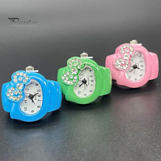 Cat Shape Ring Watch Cartoon Finger Rhinestone Bowknot Elastic Stainless Steel Band Women Birthday Gift Fashion Accessories