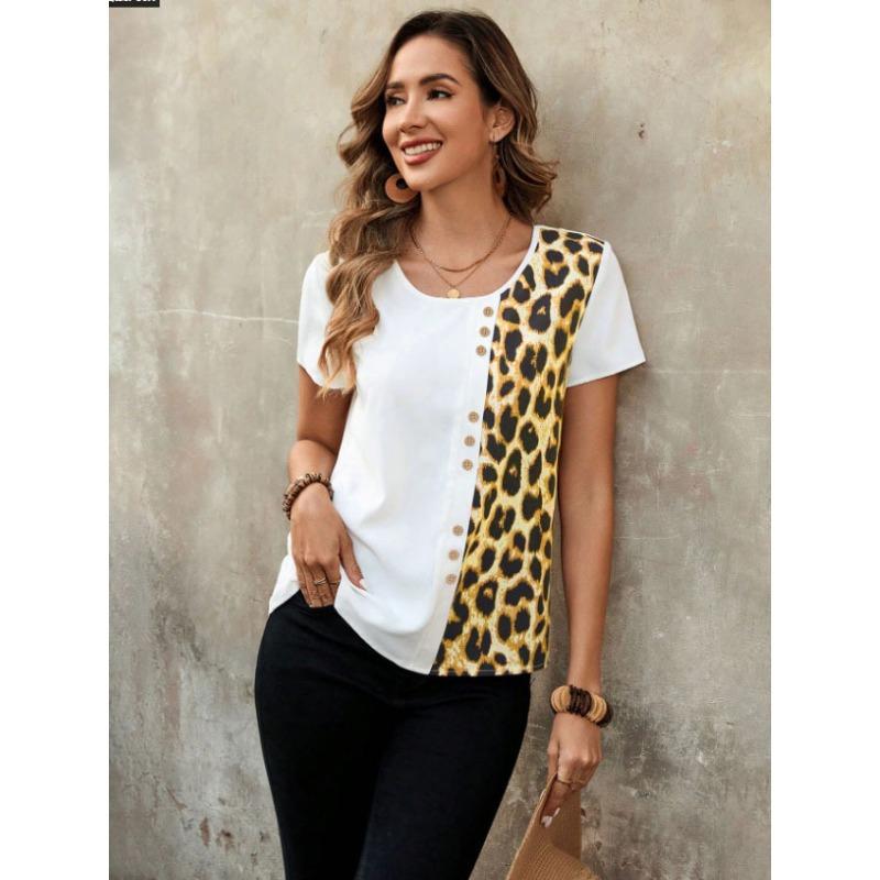 Women Summer White Leopard Print Patchwork Short Sleeve Button Decor Casual Blouse S