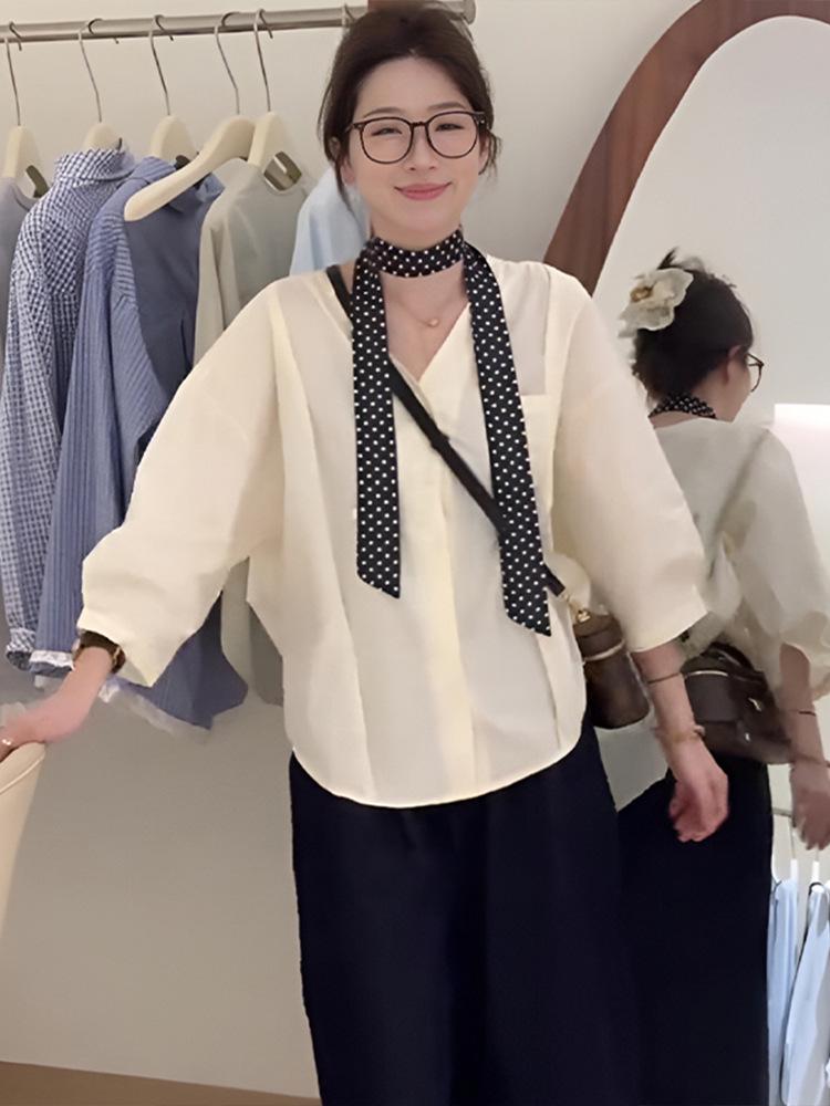 

Корейская рубашка с V-образным вырезом и рукавами средней длины с лентой для женщин - Коллекция весна/лето 2025 XL светло-желтого