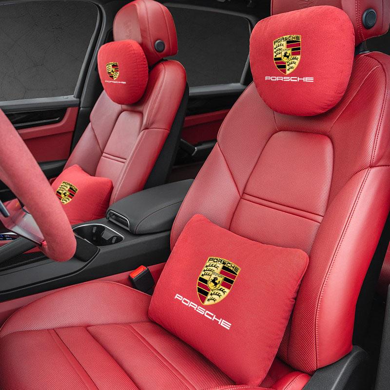 Car Suede Seat Headrest Neck Pillow Soft Cushion Lumbar Support For Porsche Cayenne Panamera Macan 911 718 Taycan Boxster Cayman