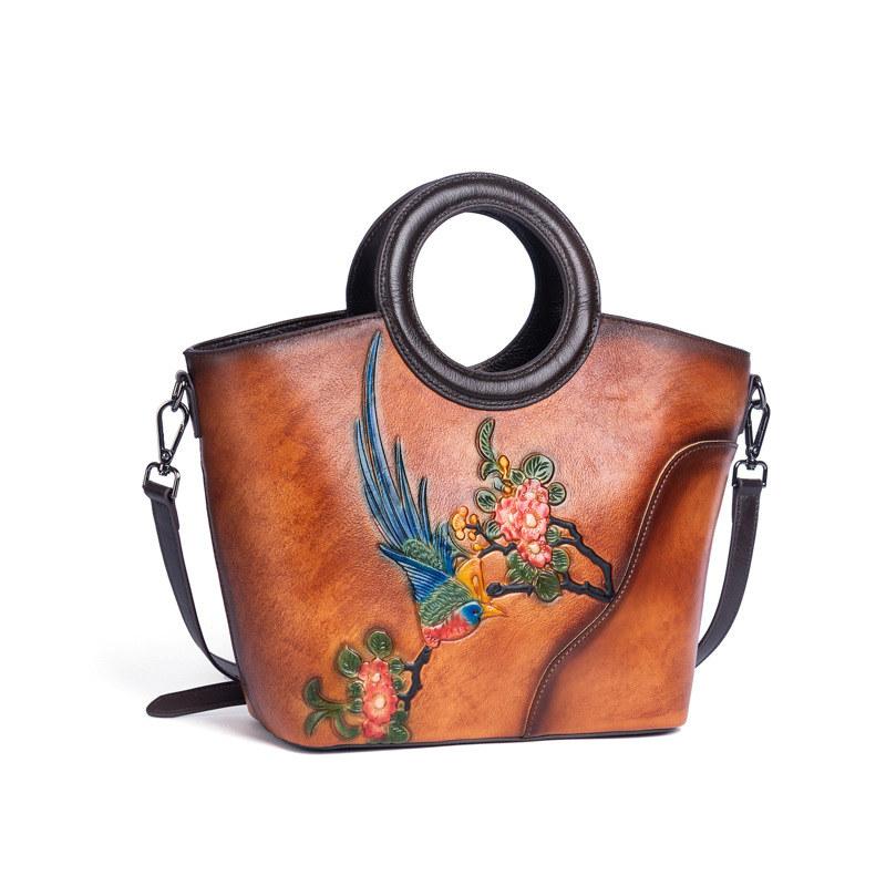 Flower Bird Embossing Genuine Leather Shoulder Bags for Women Ladies Vintage Design Handbags Fashion Crossbody Bag