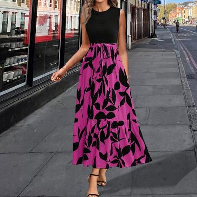 Women Summer Dress Round Neck Short Sleeve Printing Splicing Design Midi Dress Flowy Hem Beach Party Dress