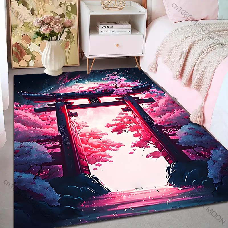 Japanese Cherry Blossom Shrine Pattern Rug Carpets for Bedroom Living Room Sofa Mat Creative Door Mat Cloakroom Home Decor