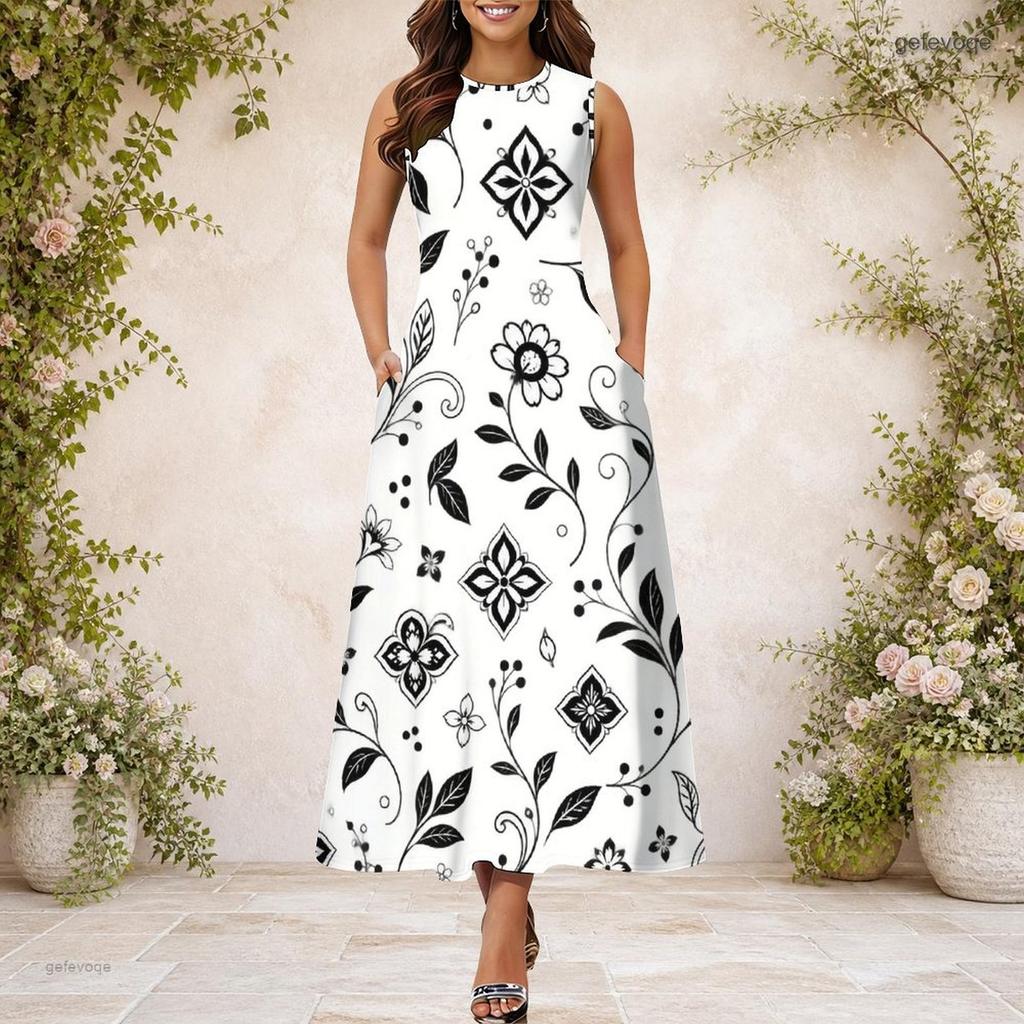 Women Plus Size Round Neck Sleeveless White Blue Floral Printed A Line Maxi Dress With Side Pockets